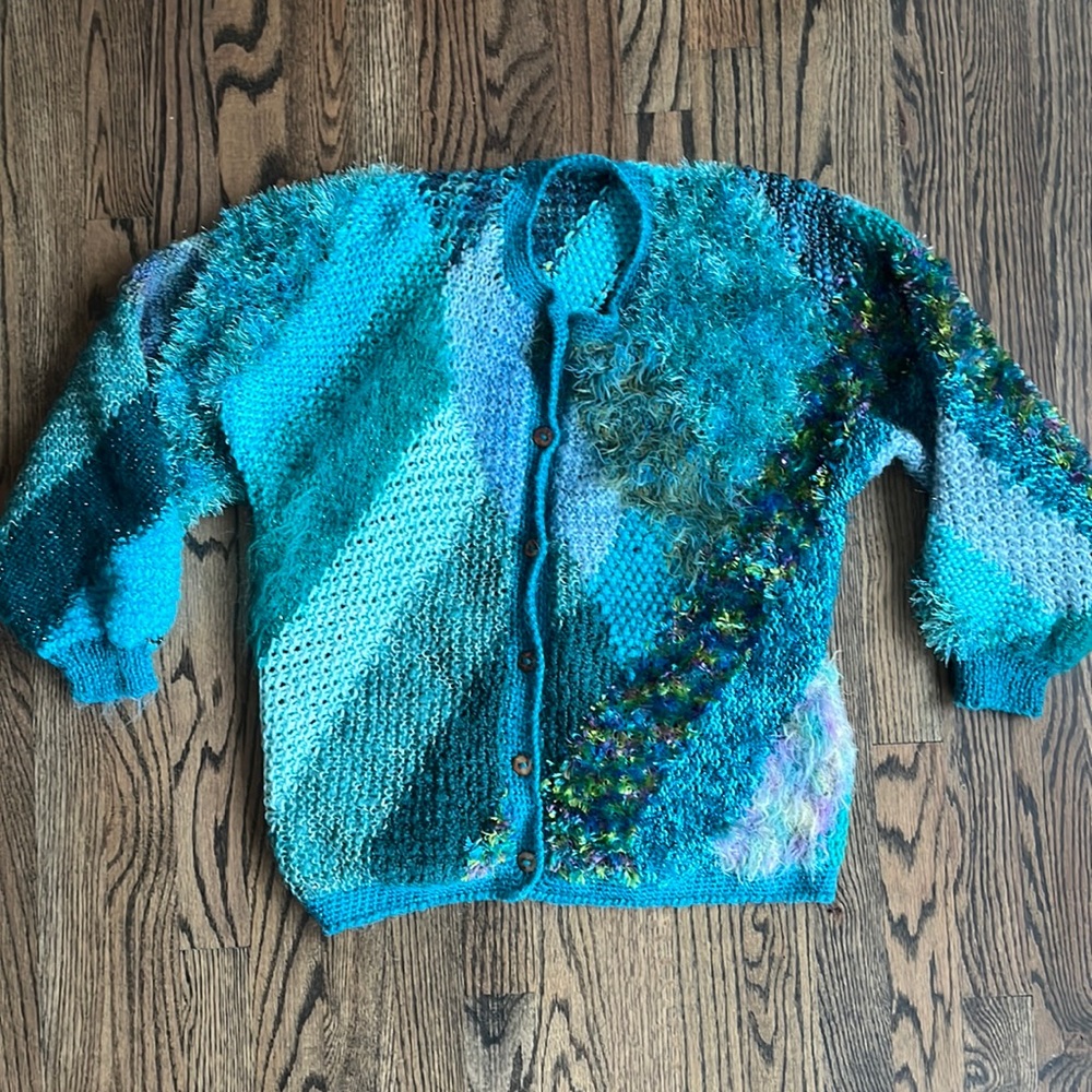 Like New unique hand knit cardigan in fun textured blue and teal color p…